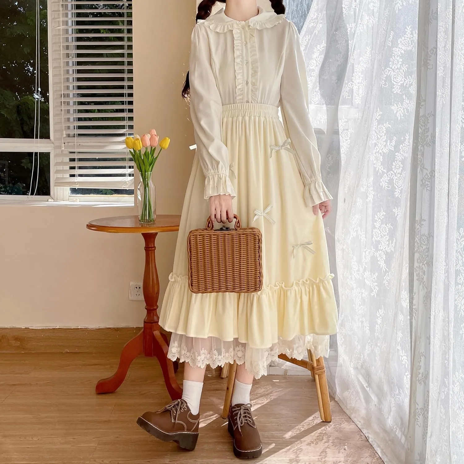 Women's Cute High Waist Maxi Skirt - Renaissance, Ruffle, Flowing Long Victorian Skirt