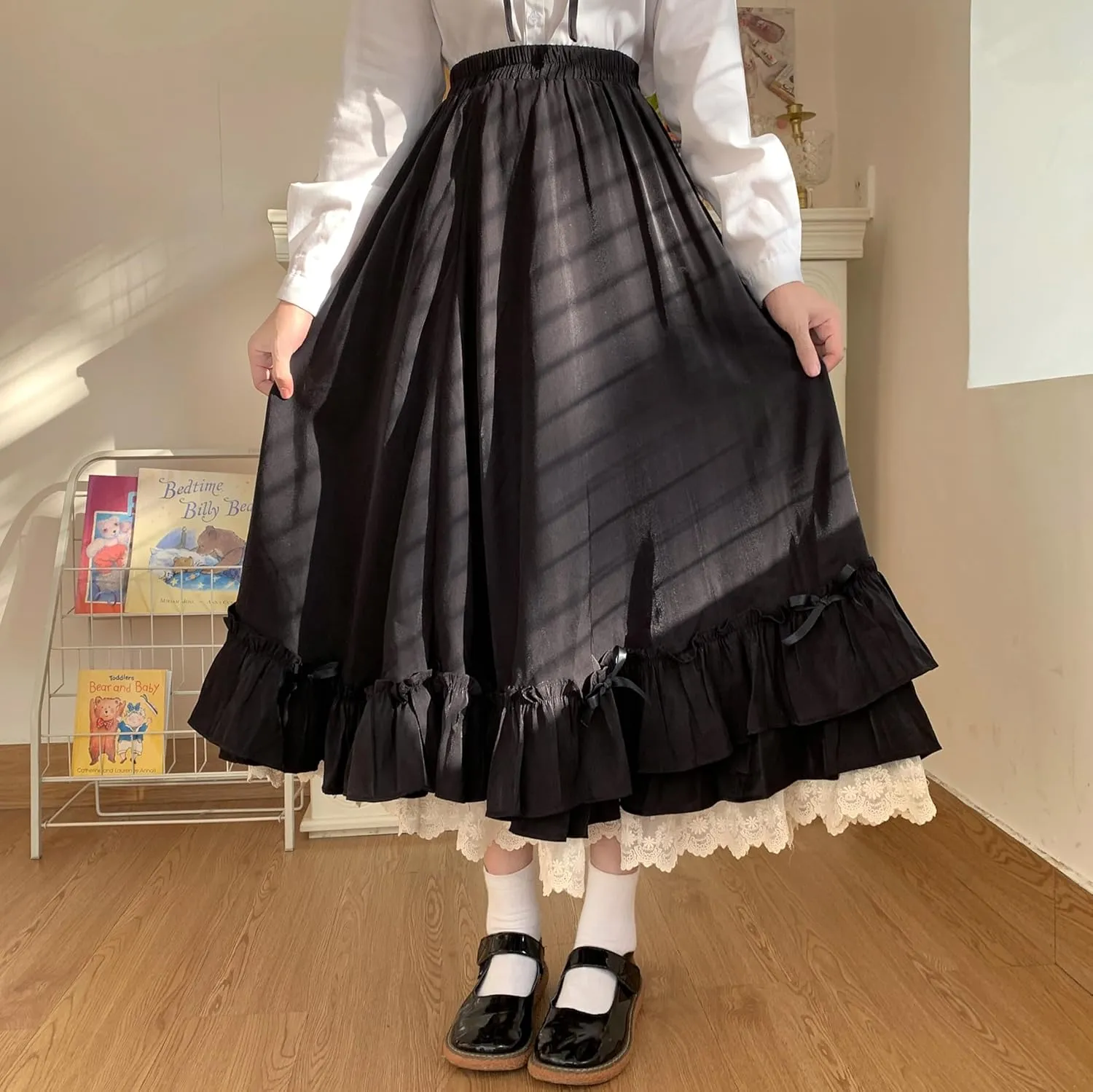 Women's Cute High Waist Maxi Skirt - Renaissance, Ruffle, Flowing Long Victorian Skirt