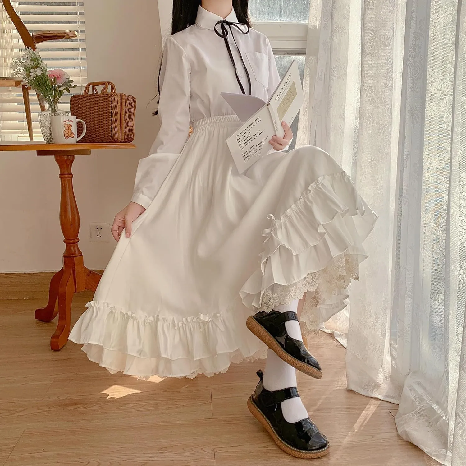 Women's Cute High Waist Maxi Skirt - Renaissance, Ruffle, Flowing Long Victorian Skirt