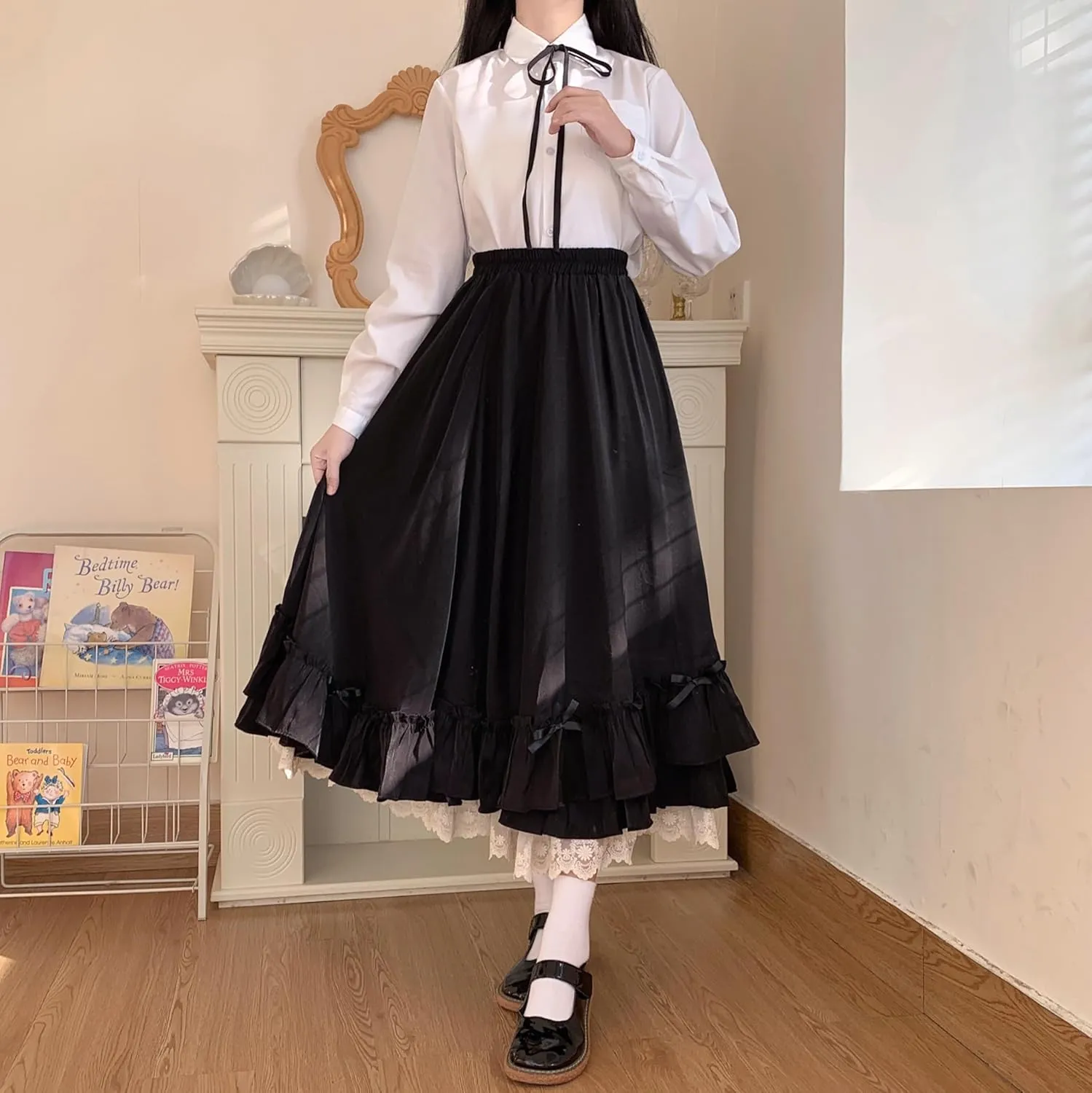 Women's Cute High Waist Maxi Skirt - Renaissance, Ruffle, Flowing Long Victorian Skirt