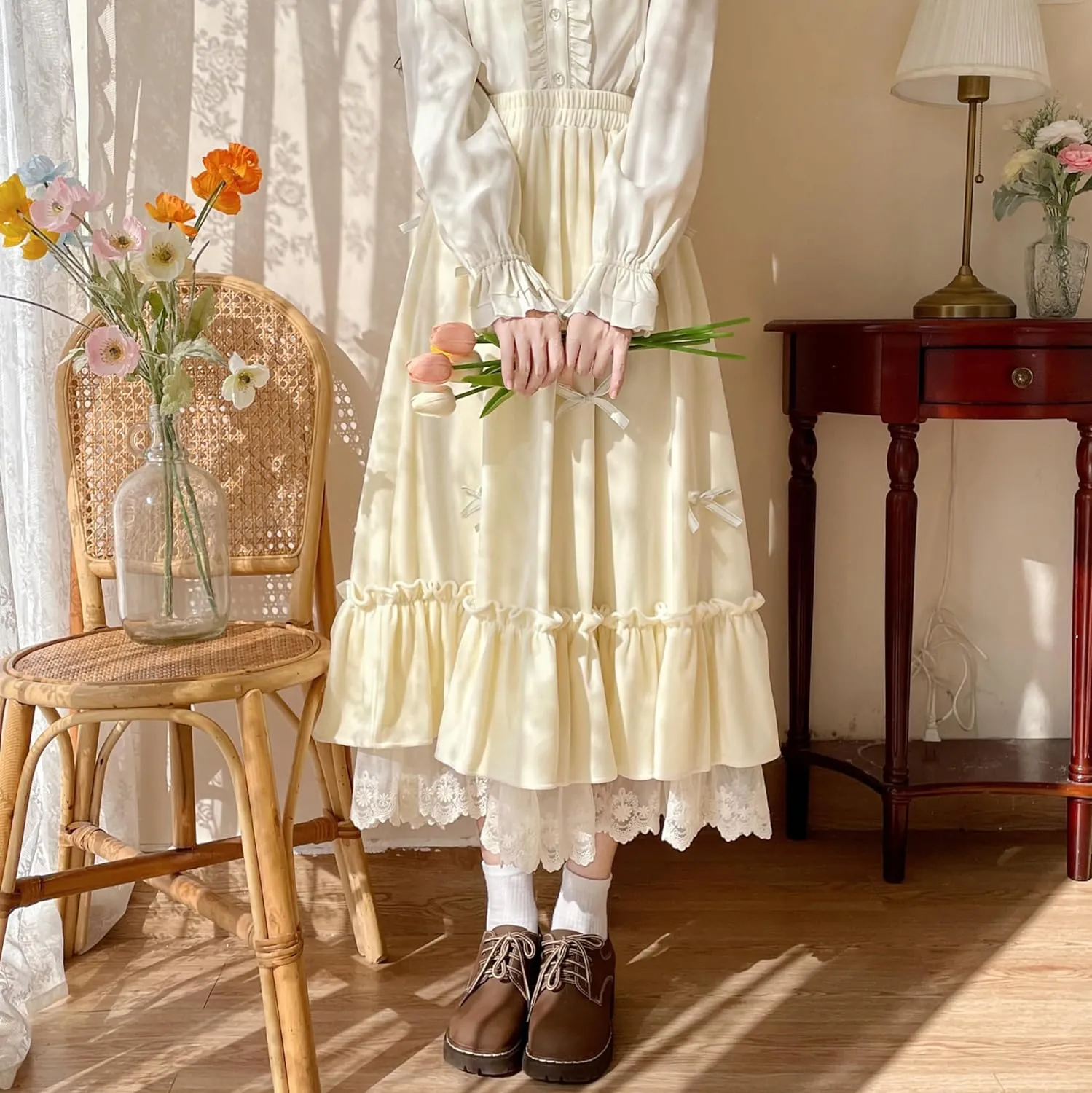 Women's Cute High Waist Maxi Skirt - Renaissance, Ruffle, Flowing Long Victorian Skirt