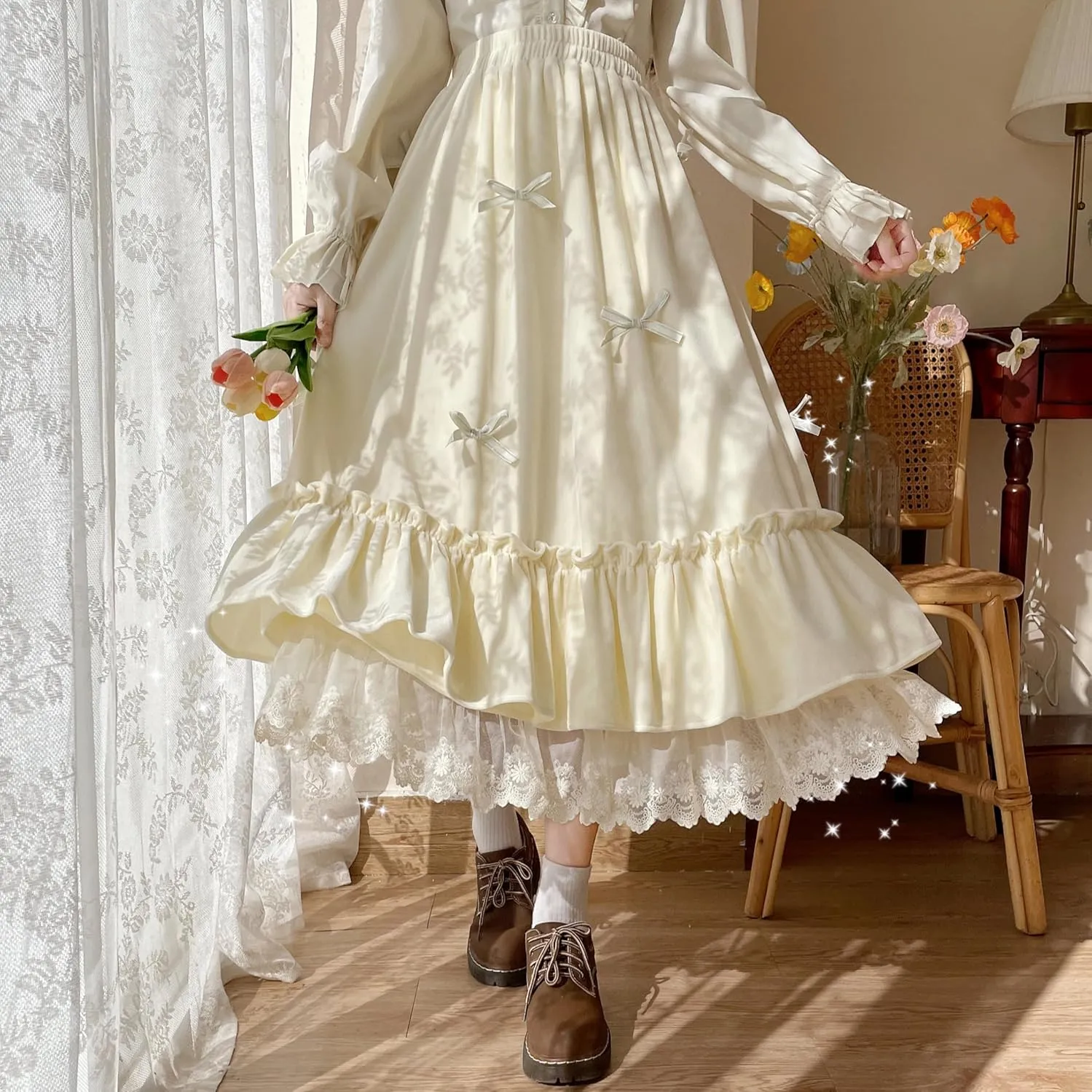 Women's Cute High Waist Maxi Skirt - Renaissance, Ruffle, Flowing Long Victorian Skirt