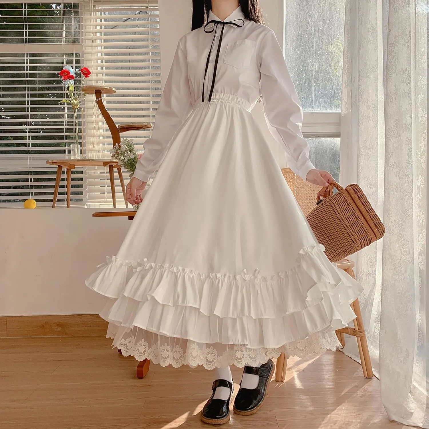 Women's Cute High Waist Maxi Skirt - Renaissance, Ruffle, Flowing Long Victorian Skirt