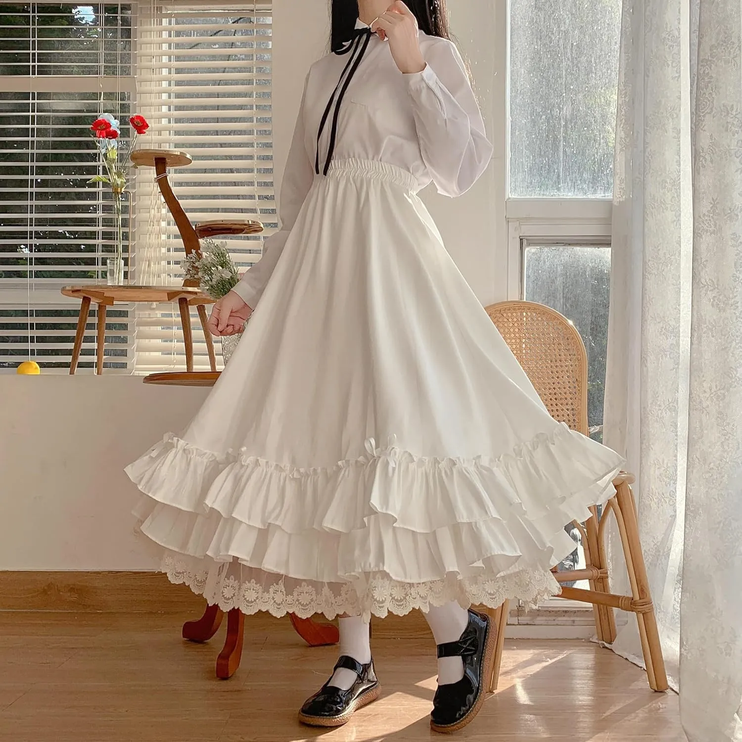 Women's Cute High Waist Maxi Skirt - Renaissance, Ruffle, Flowing Long Victorian Skirt