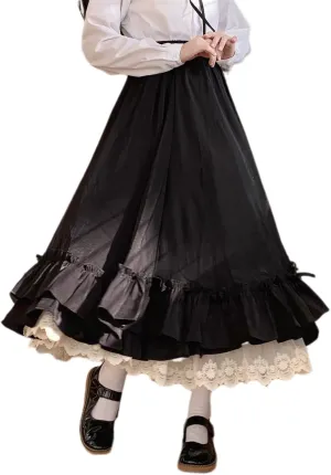 Women's Cute High Waist Maxi Skirt - Renaissance, Ruffle, Flowing Long Victorian Skirt
