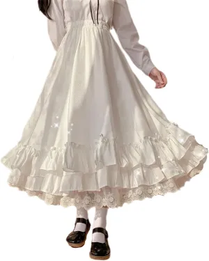 Women's Cute High Waist Maxi Skirt - Renaissance, Ruffle, Flowing Long Victorian Skirt