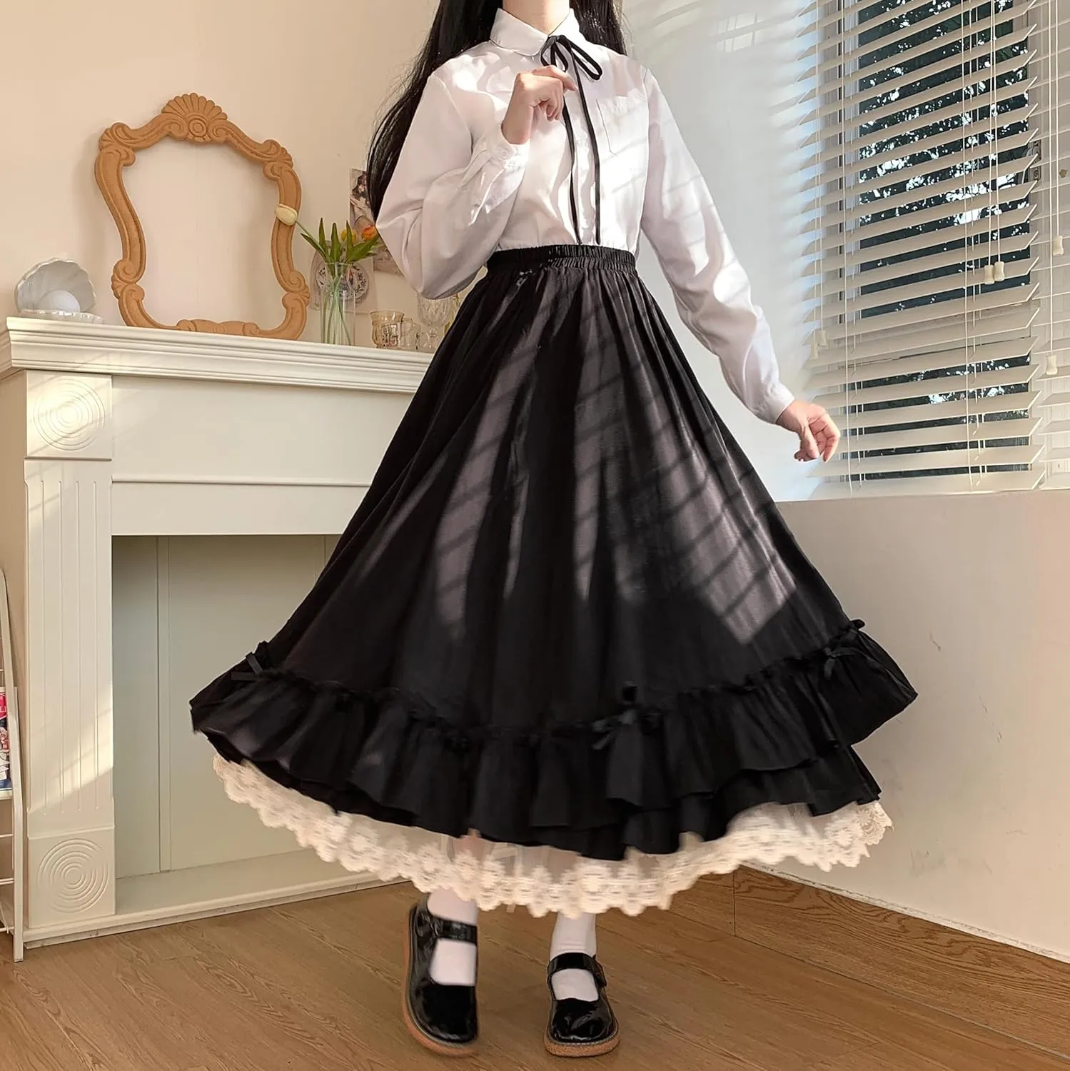 Women's Cute High Waist Maxi Skirt - Renaissance, Ruffle, Flowing Long Victorian Skirt