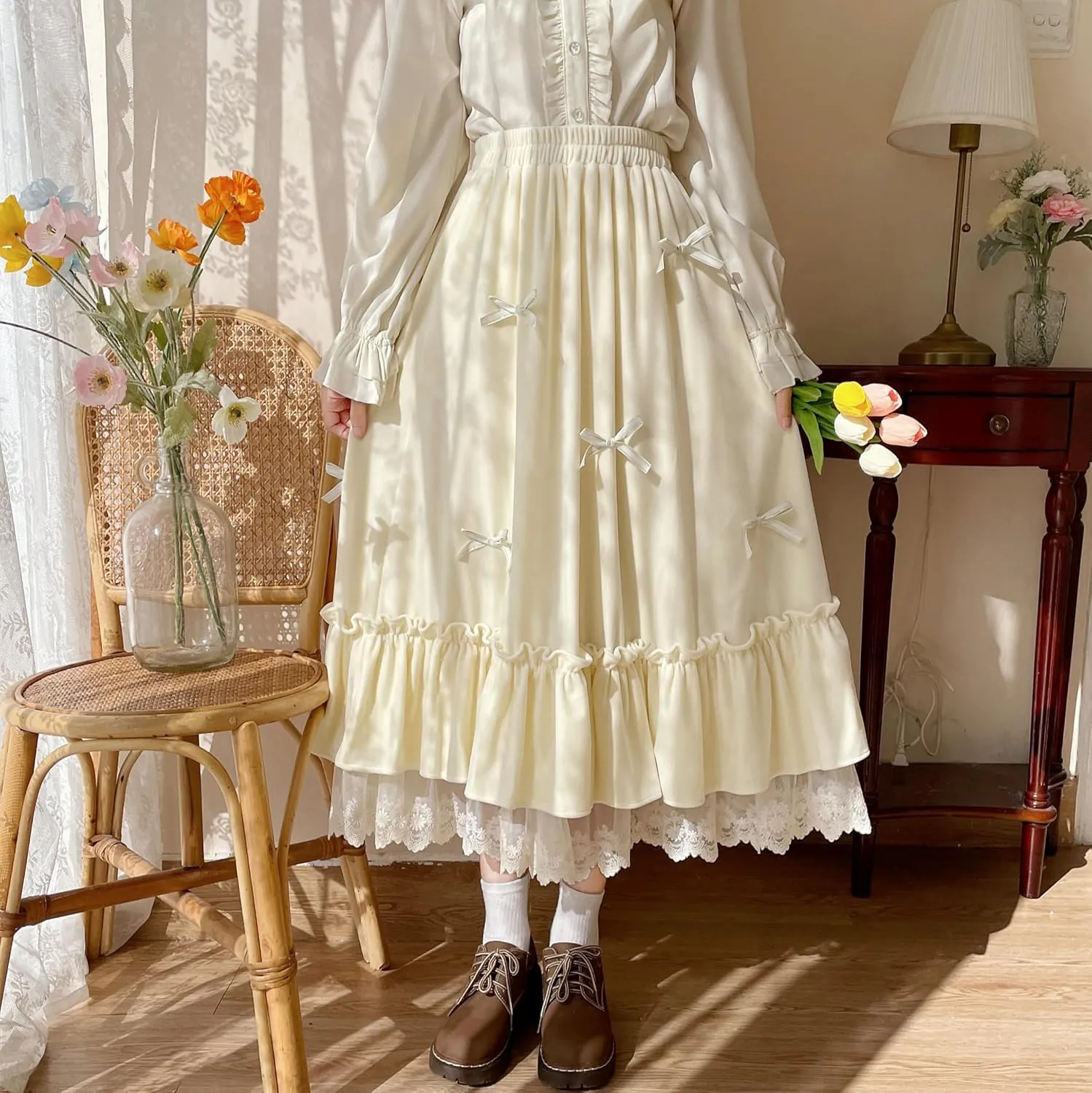 Women's Cute High Waist Maxi Skirt - Renaissance, Ruffle, Flowing Long Victorian Skirt