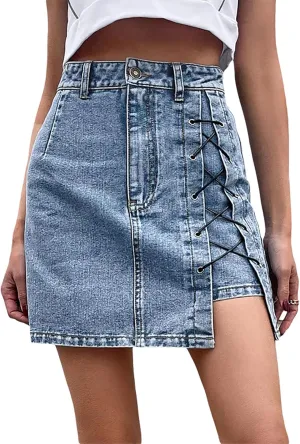 Women's Denim Skirt High Waisted Side Lace Up Stretch Casual Jean Skirts