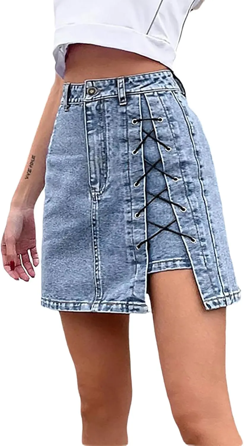 Women's Denim Skirt High Waisted Side Lace Up Stretch Casual Jean Skirts