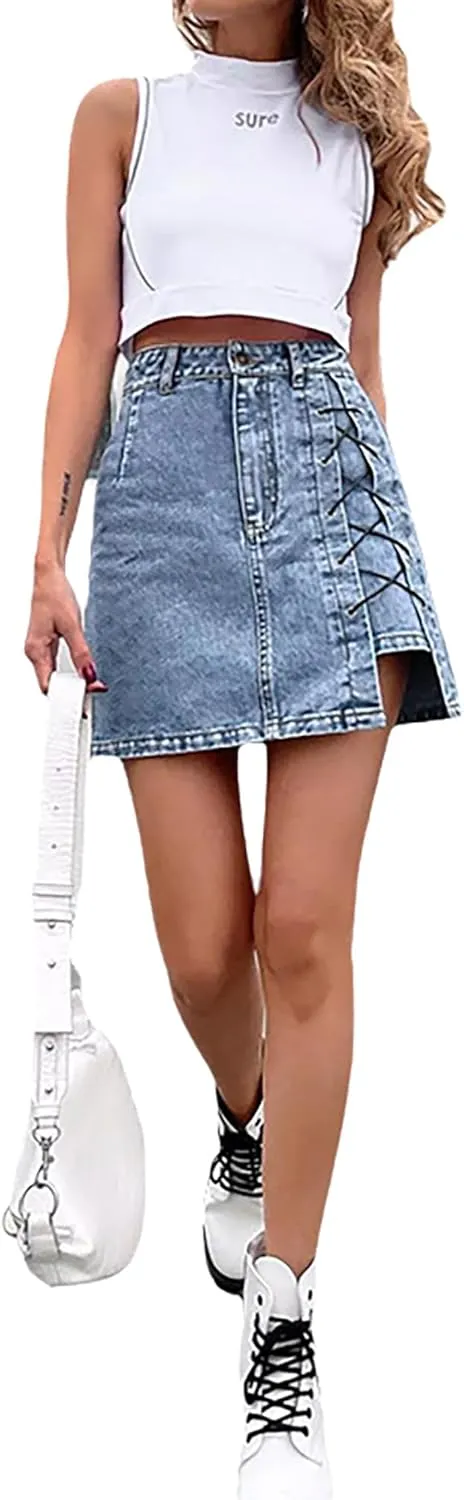 Women's Denim Skirt High Waisted Side Lace Up Stretch Casual Jean Skirts