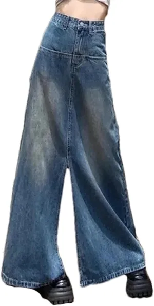 Women's Denim Skirt  High-Waisted Slimming Medium-Length A-Line Casual Elastic Waist Pockets Work Slit Skirts