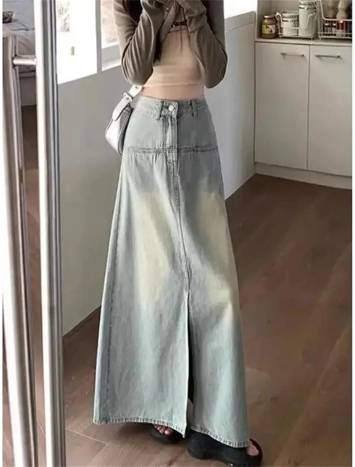 Women's Denim Skirt  High-Waisted Slimming Medium-Length A-Line Casual Elastic Waist Pockets Work Slit Skirts