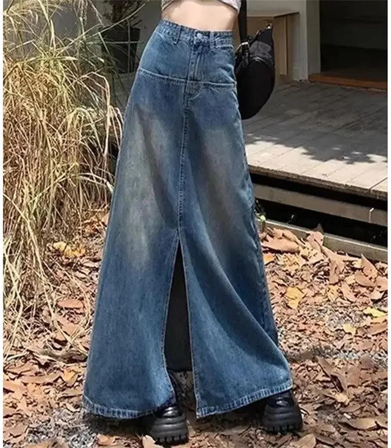 Women's Denim Skirt  High-Waisted Slimming Medium-Length A-Line Casual Elastic Waist Pockets Work Slit Skirts