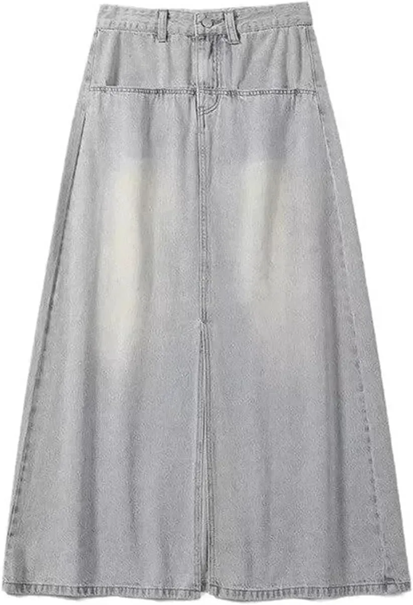 Women's Denim Skirt  High-Waisted Slimming Medium-Length A-Line Casual Elastic Waist Pockets Work Slit Skirts