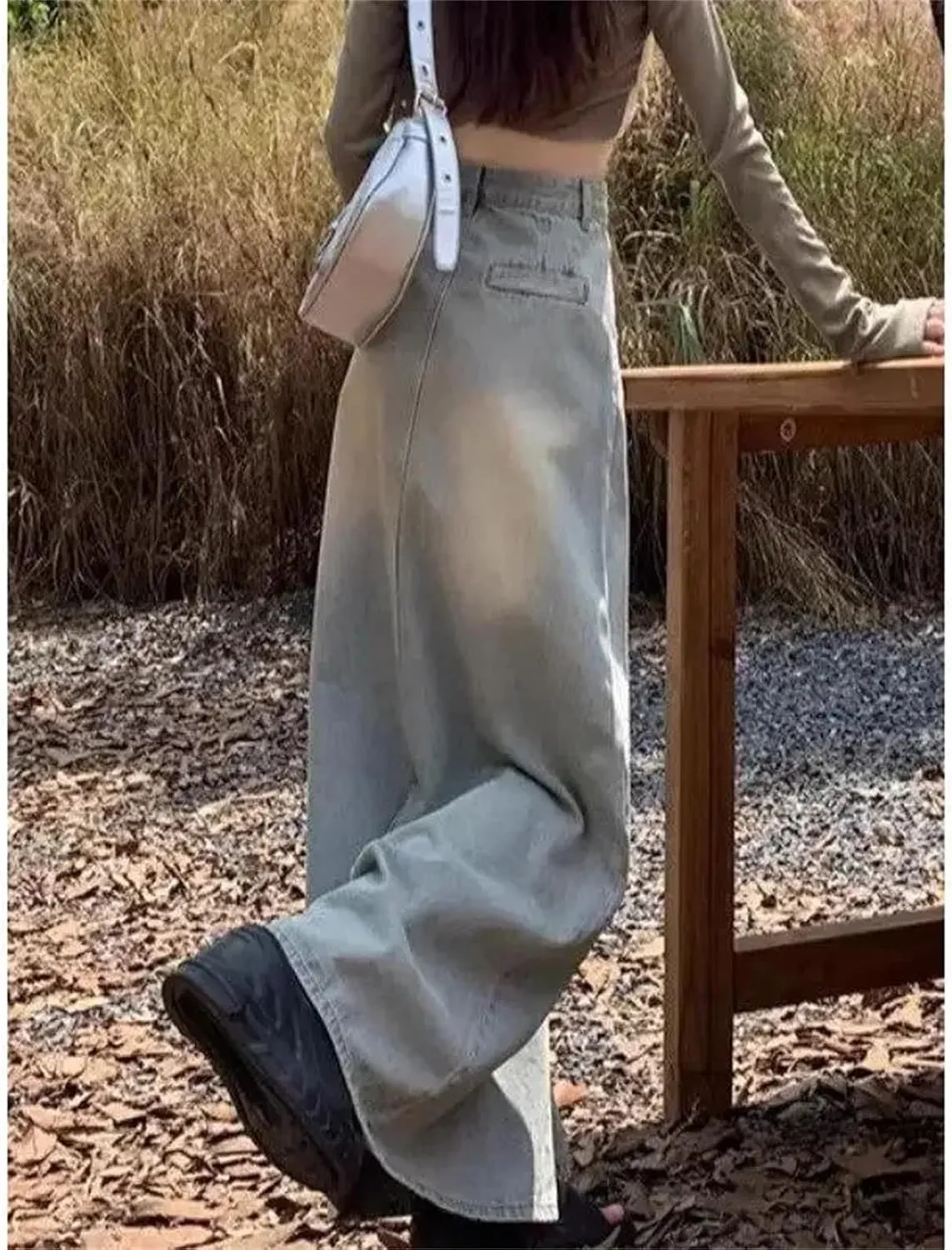 Women's Denim Skirt  High-Waisted Slimming Medium-Length A-Line Casual Elastic Waist Pockets Work Slit Skirts
