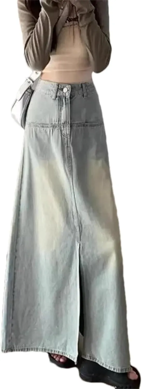 Women's Denim Skirt  High-Waisted Slimming Medium-Length A-Line Casual Elastic Waist Pockets Work Slit Skirts