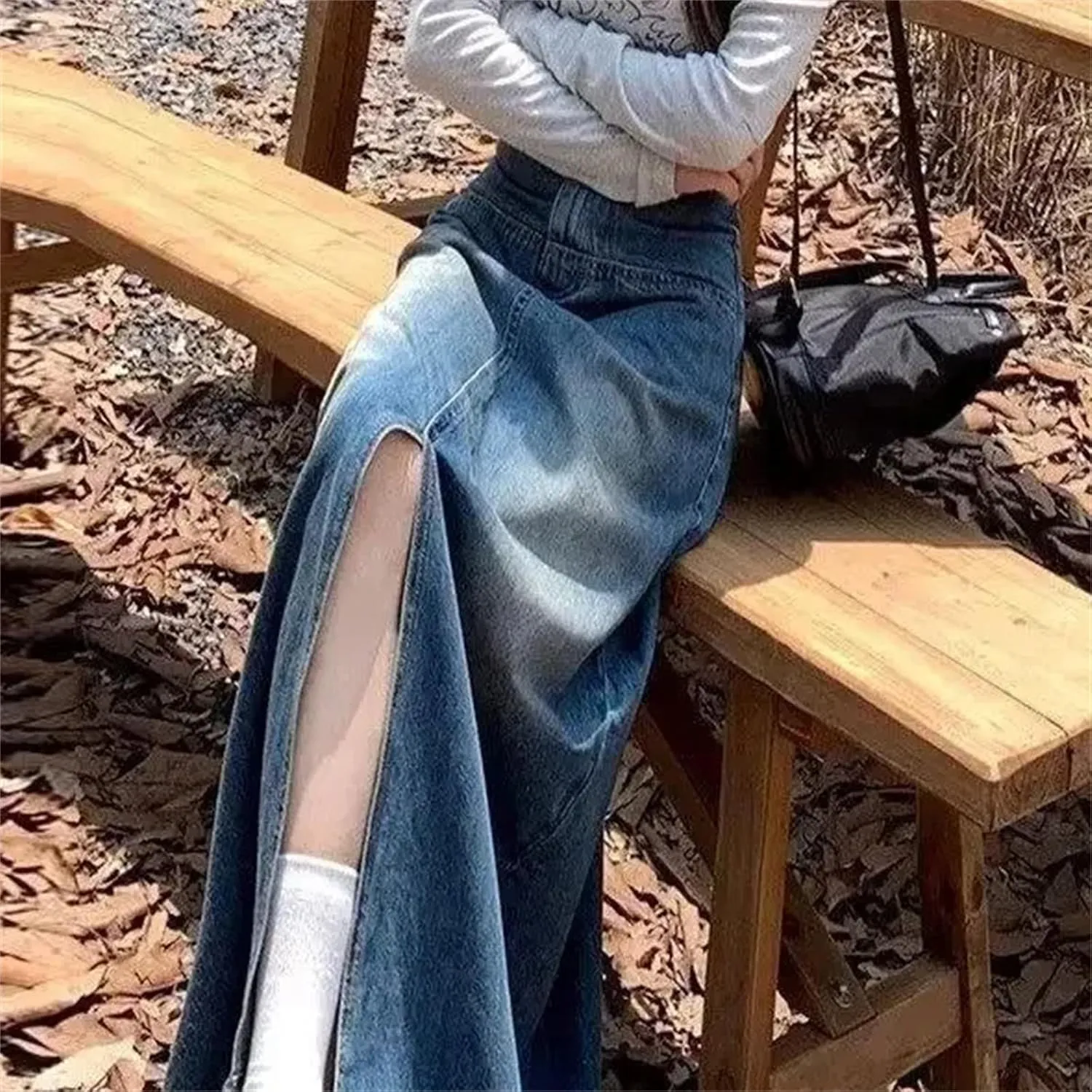 Women's Denim Skirt  High-Waisted Slimming Medium-Length A-Line Casual Elastic Waist Pockets Work Slit Skirts