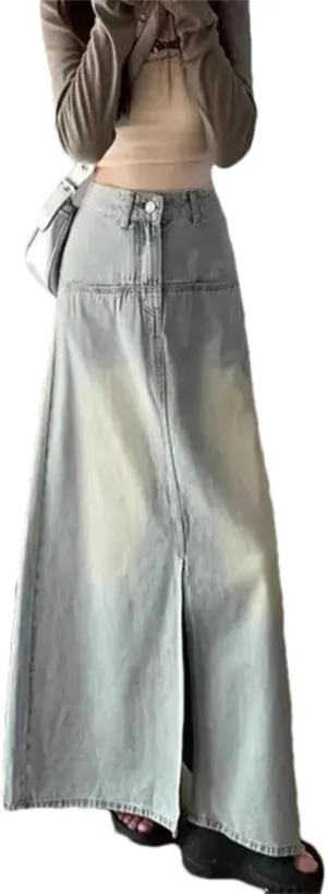 Women's Denim Skirt  High-Waisted Slimming Medium-Length A-Line Casual Elastic Waist Pockets Work Slit Skirts