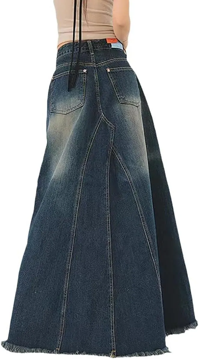 Women's Distressed Frayed Long Denim Skirt Colorblock Patchwork High Waisted Trendy Long Jean Skirts