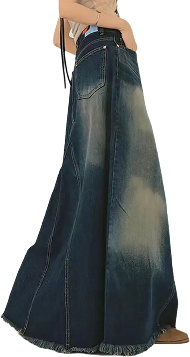 Women's Distressed Frayed Long Denim Skirt Colorblock Patchwork High Waisted Trendy Long Jean Skirts