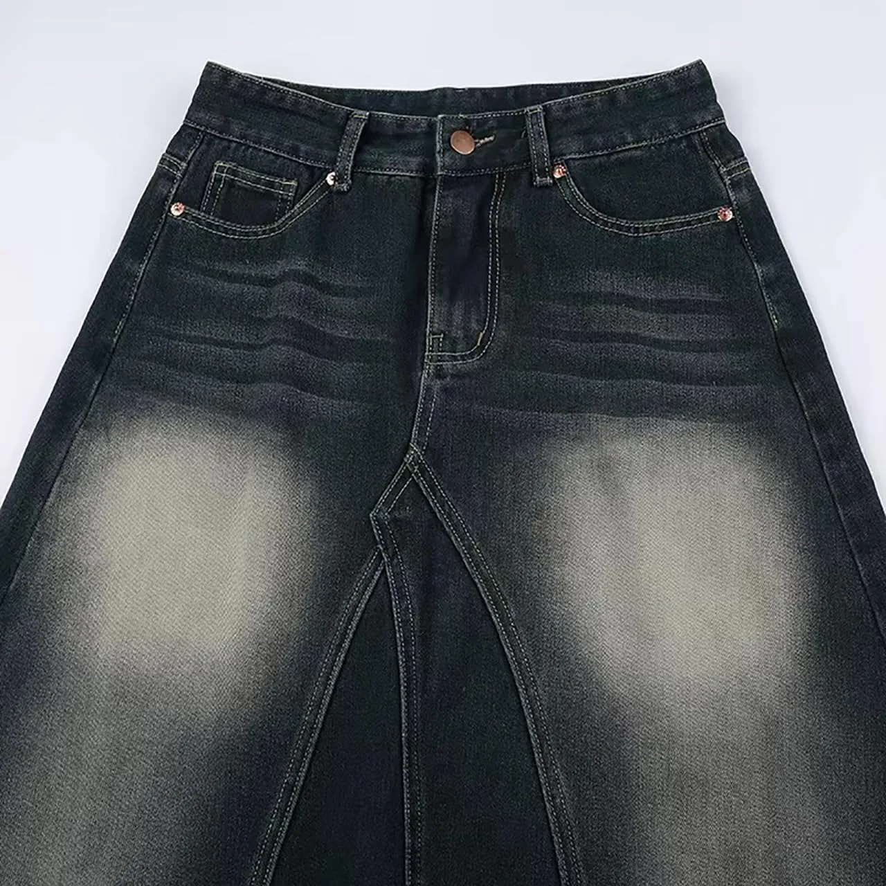 Women's Distressed Frayed Long Denim Skirt Colorblock Patchwork High Waisted Trendy Long Jean Skirts