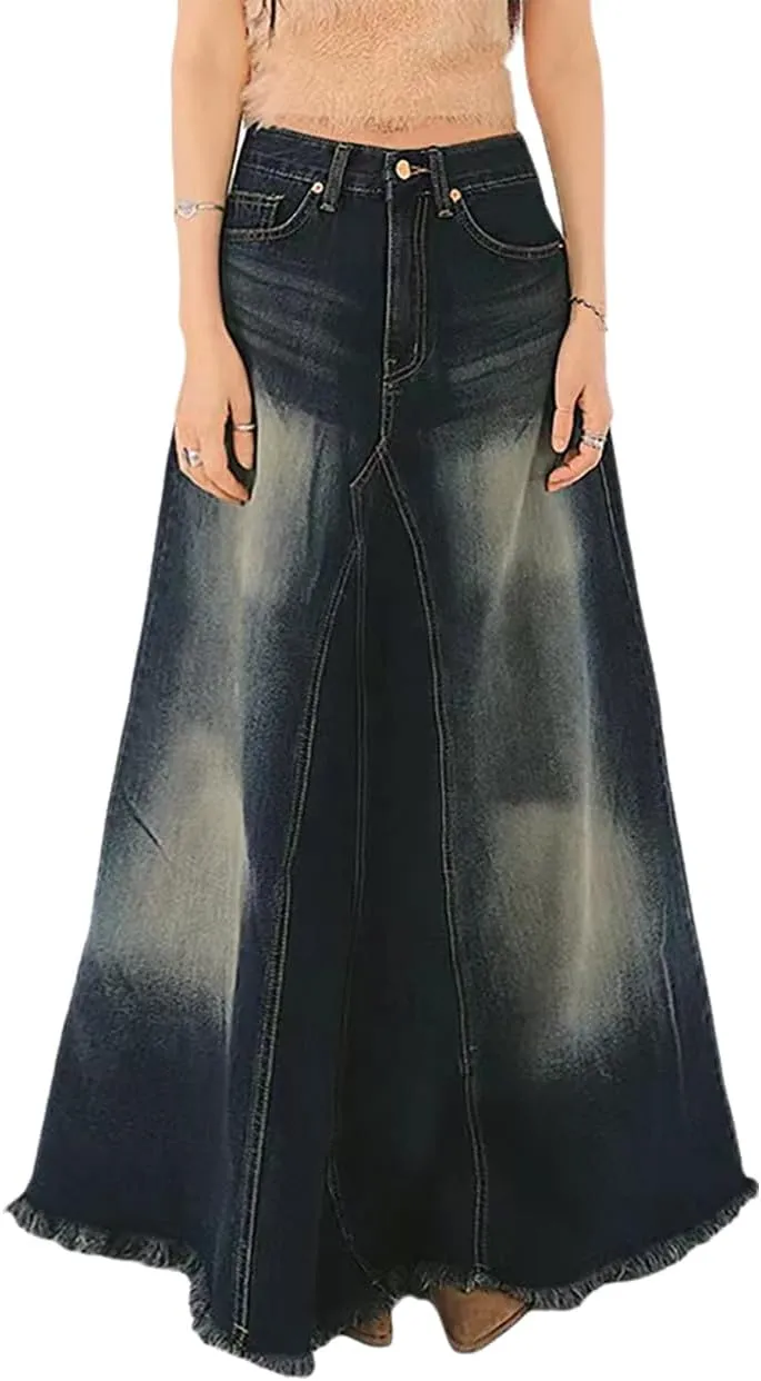 Women's Distressed Frayed Long Denim Skirt Colorblock Patchwork High Waisted Trendy Long Jean Skirts