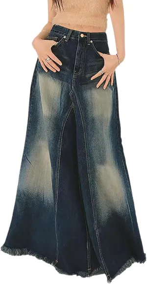 Women's Distressed Frayed Long Denim Skirt Colorblock Patchwork High Waisted Trendy Long Jean Skirts