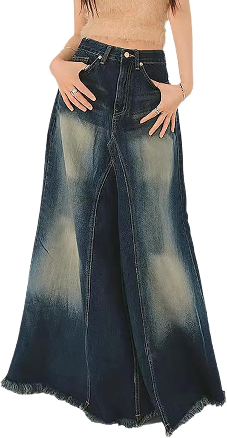 Women's Distressed Frayed Long Denim Skirt Colorblock Patchwork High Waisted Trendy Long Jean Skirts