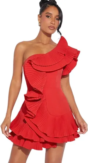 Women's Dresses Red Elegant Ruffle One Shoulder Sleeveless Mini Dress