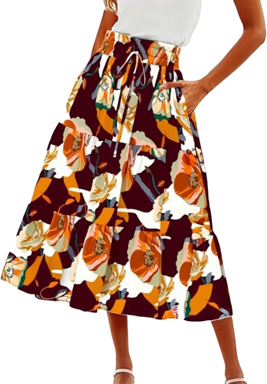 Women's Elastic High Waist Floral Print Tie Knot Pleated Flared Boho A-Line Midi Skirts, S-XL