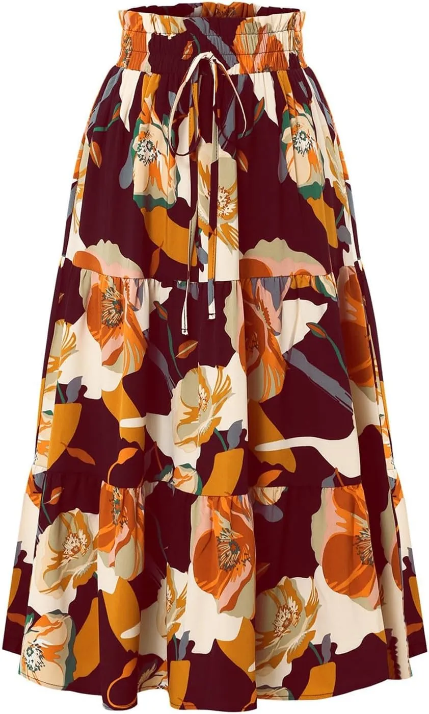 Women's Elastic High Waist Floral Print Tie Knot Pleated Flared Boho A-Line Midi Skirts, S-XL