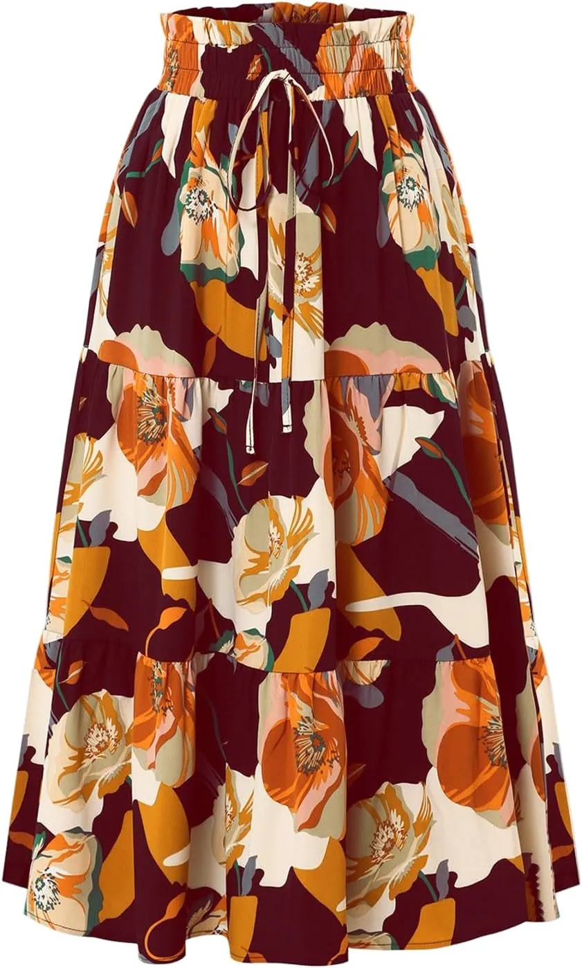 Women's Elastic High Waist Floral Print Tie Knot Pleated Flared Boho A-Line Midi Skirts, S-XL