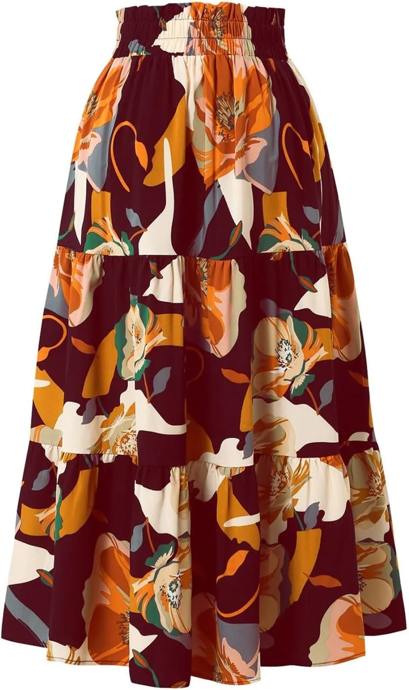 Women's Elastic High Waist Floral Print Tie Knot Pleated Flared Boho A-Line Midi Skirts, S-XL