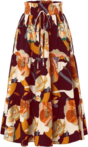 Women's Elastic High Waist Floral Print Tie Knot Pleated Flared Boho A-Line Midi Skirts, S-XL