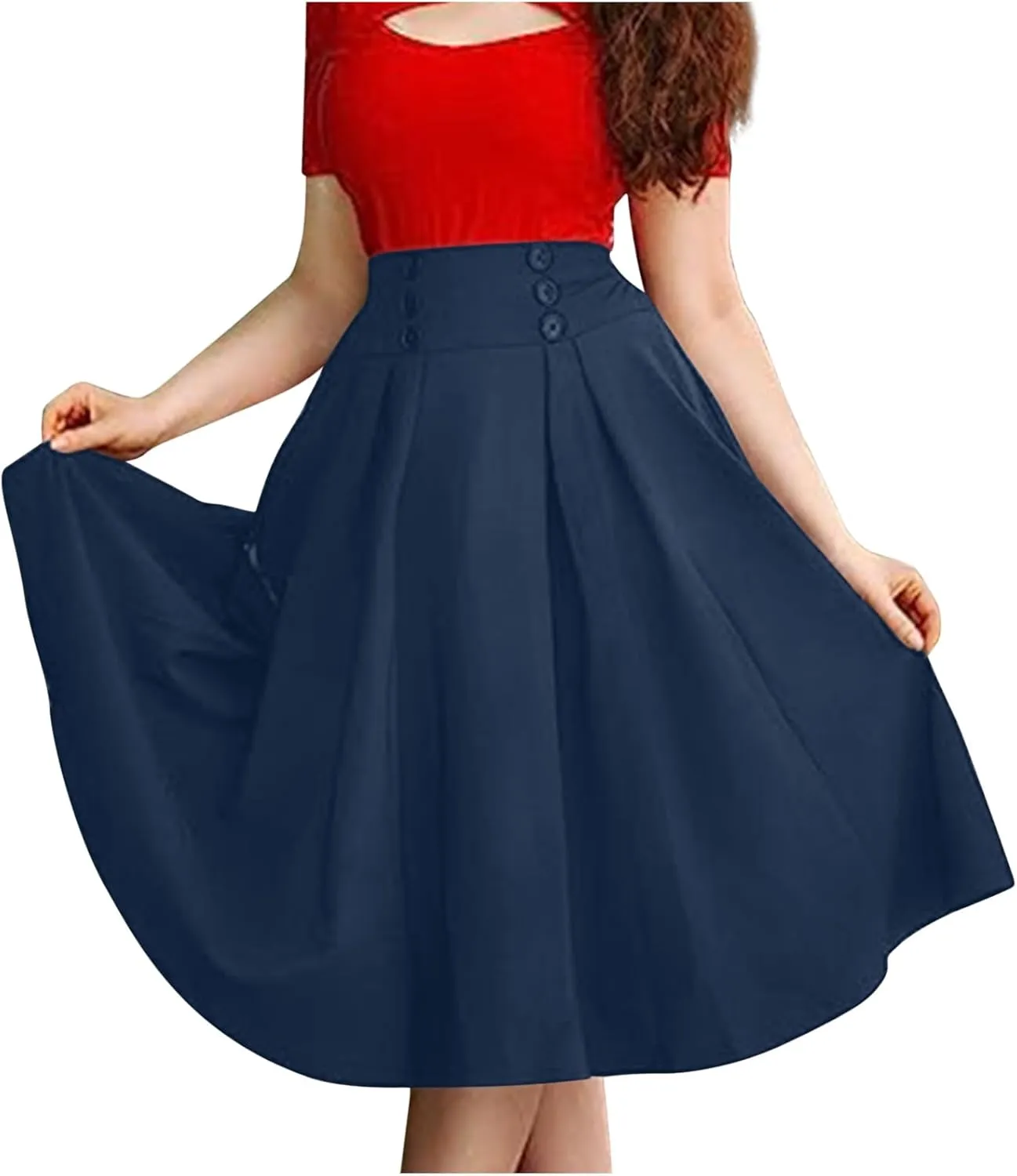 Women's Fall Winter Button Down Pleated Midi Skirt High Elastic Waisted Flowy Long Skirts Casual Solid Color Skirt