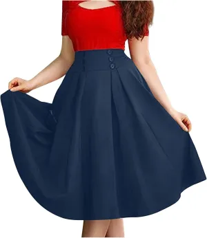 Women's Fall Winter Button Down Pleated Midi Skirt High Elastic Waisted Flowy Long Skirts Casual Solid Color Skirt