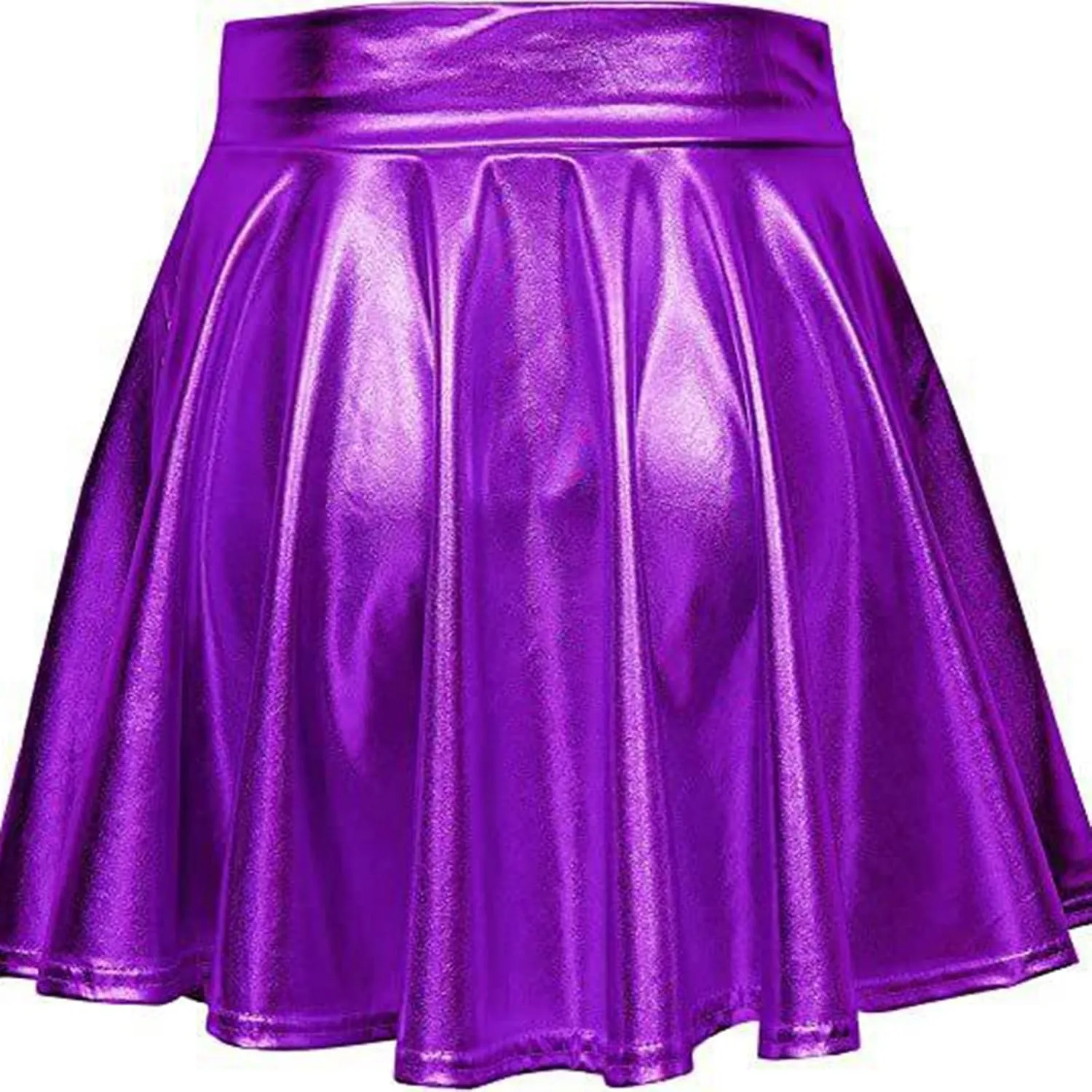 Women's Faux Leather Pleated Flared Skirt High Waist Dance Skate Mini Skirts Nightclub Rave Party A-Line Skirts