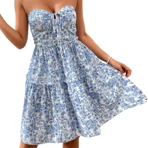 Women's Floral Mini Dress Boho Sexy Sleeveless Backless Strapless Hollow Ruffle Flowing A-Line Beach Dress
