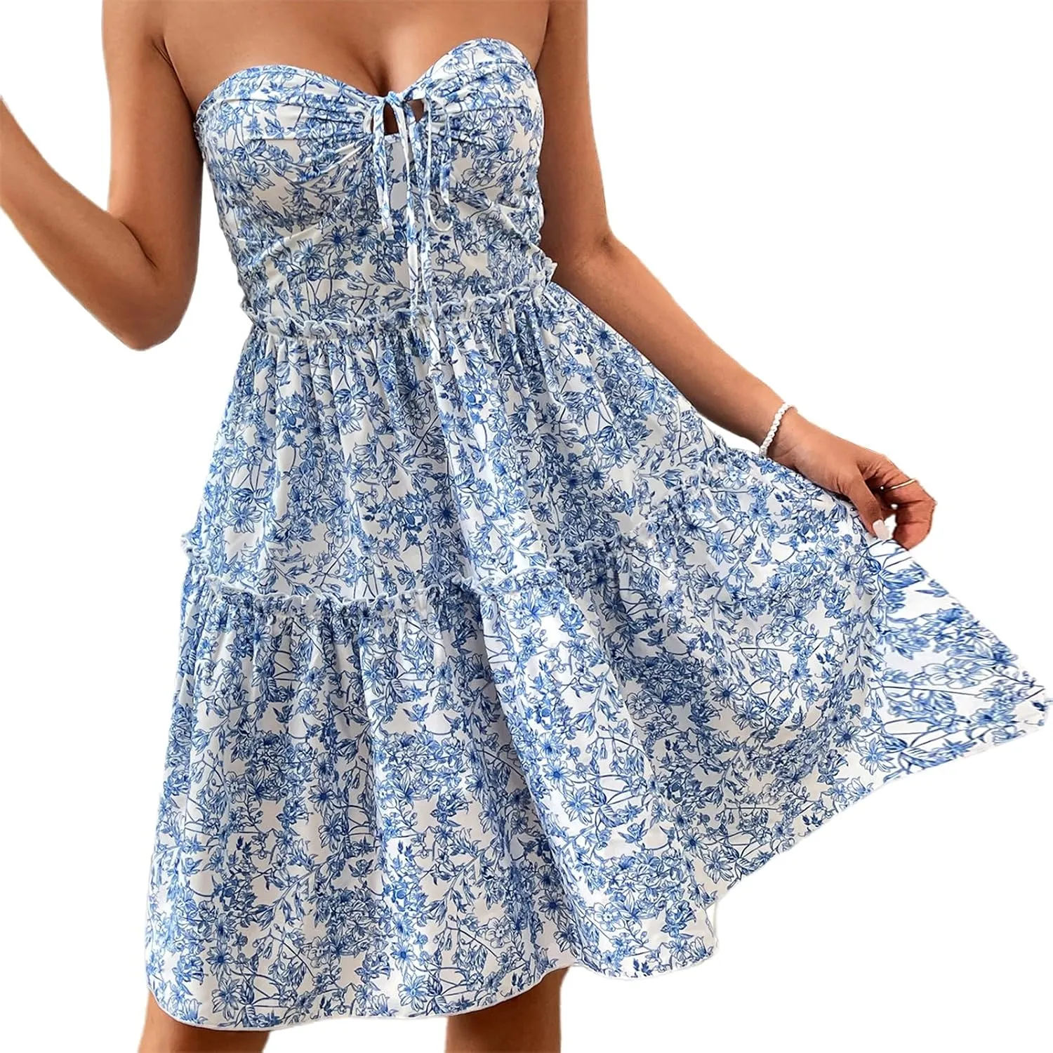 Women's Floral Mini Dress Boho Sexy Sleeveless Backless Strapless Hollow Ruffle Flowing A-Line Beach Dress