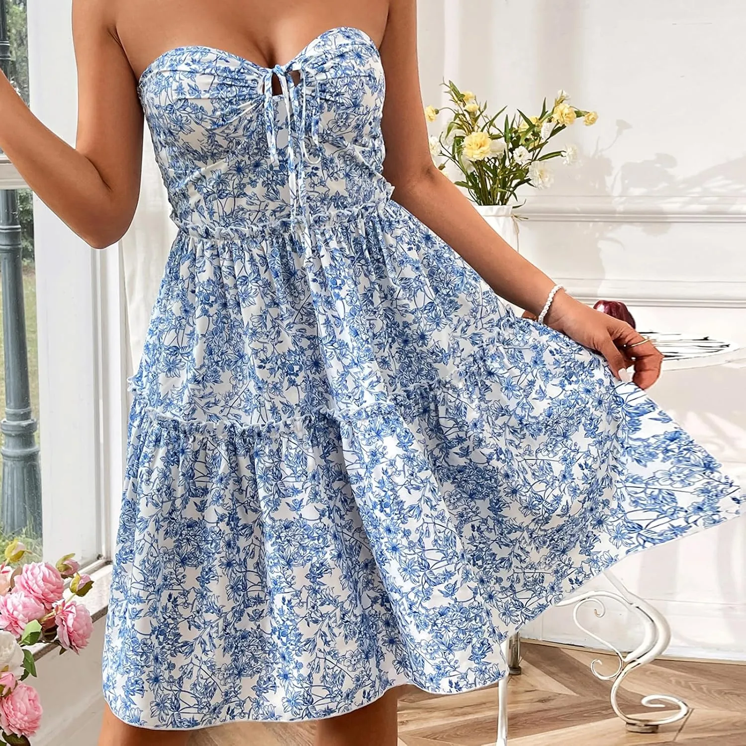 Women's Floral Mini Dress Boho Sexy Sleeveless Backless Strapless Hollow Ruffle Flowing A-Line Beach Dress