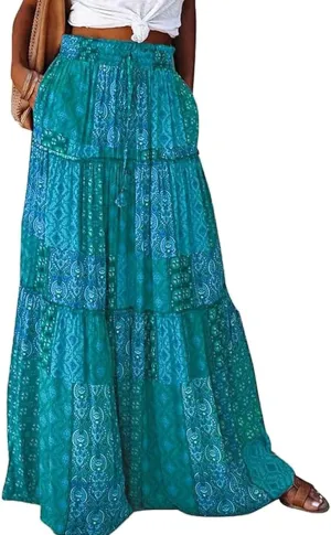 Womens Floral Print Boho Maxi Skirt Casual High Waist Tie Paisley Print Long Maxi Skirt Summer Beach Flowy Skirts