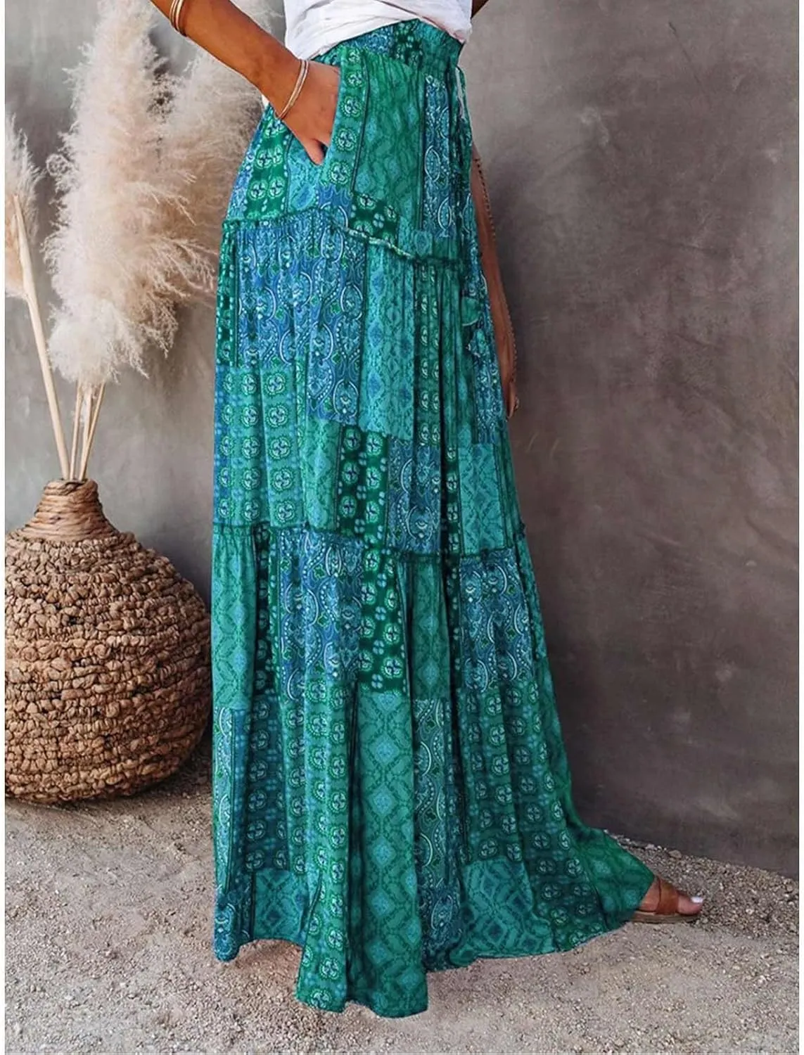 Womens Floral Print Boho Maxi Skirt Casual High Waist Tie Paisley Print Long Maxi Skirt Summer Beach Flowy Skirts