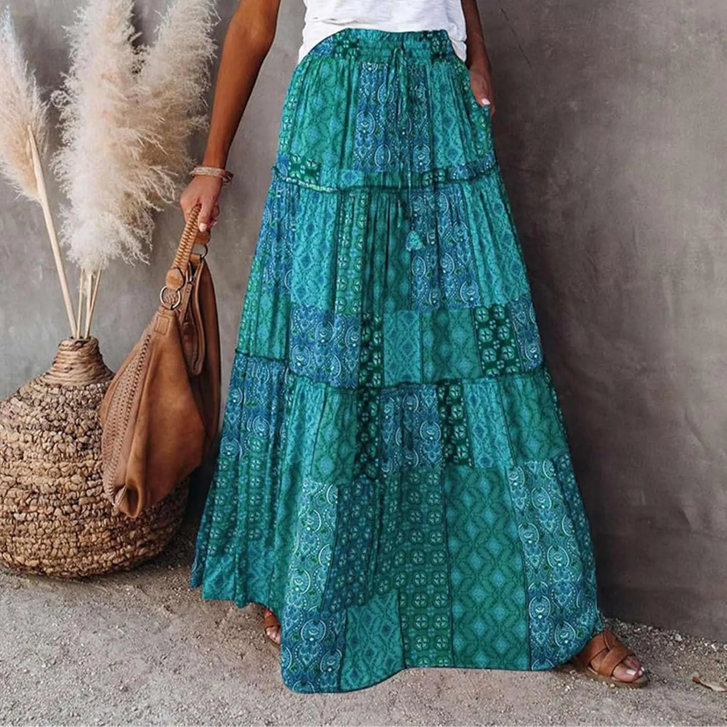 Womens Floral Print Boho Maxi Skirt Casual High Waist Tie Paisley Print Long Maxi Skirt Summer Beach Flowy Skirts