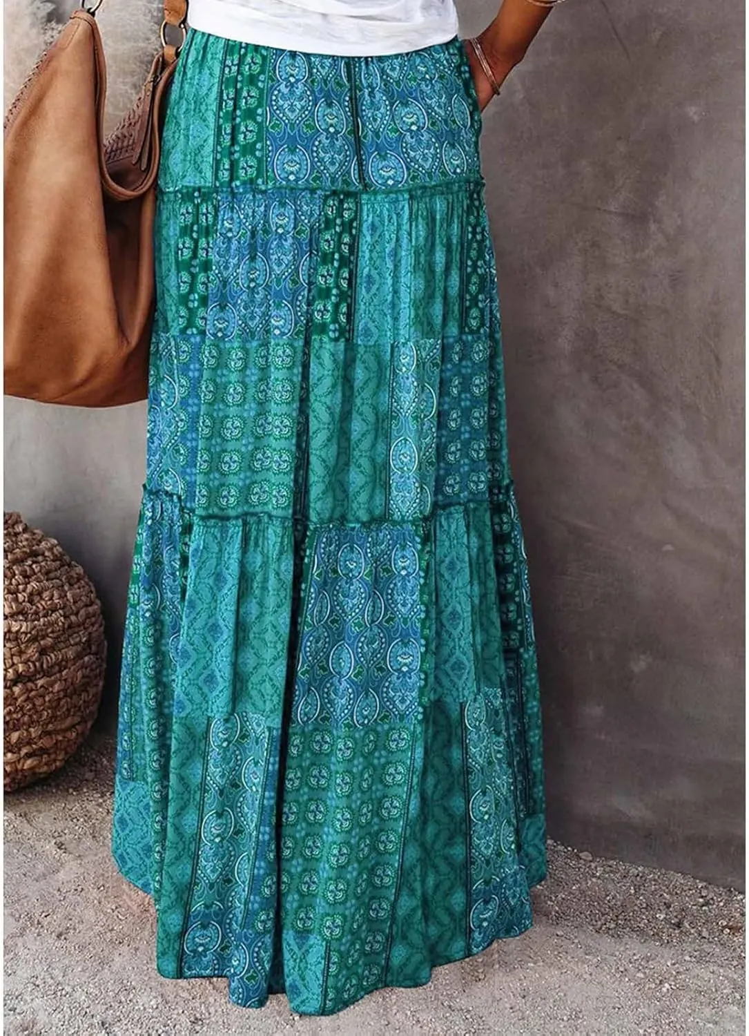 Womens Floral Print Boho Maxi Skirt Casual High Waist Tie Paisley Print Long Maxi Skirt Summer Beach Flowy Skirts