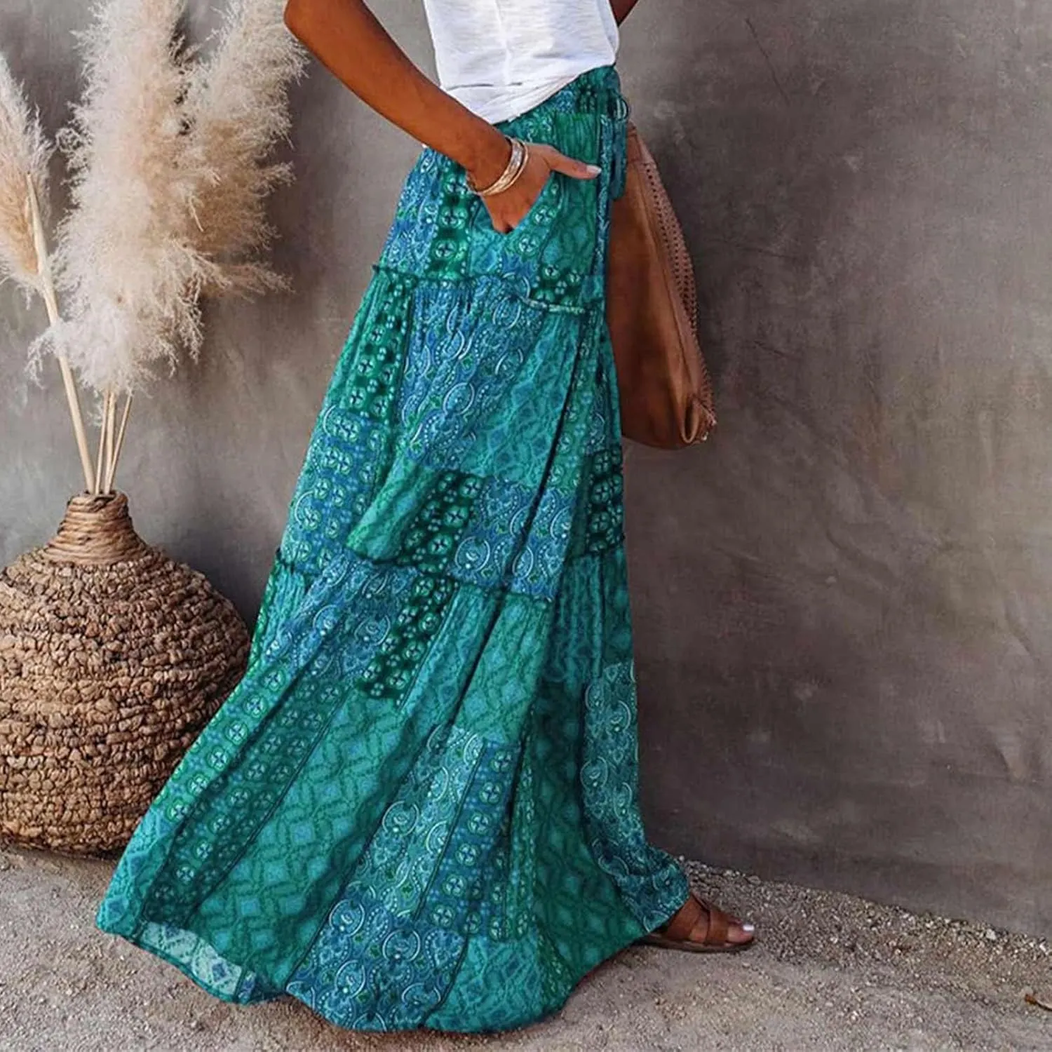 Womens Floral Print Boho Maxi Skirt Casual High Waist Tie Paisley Print Long Maxi Skirt Summer Beach Flowy Skirts