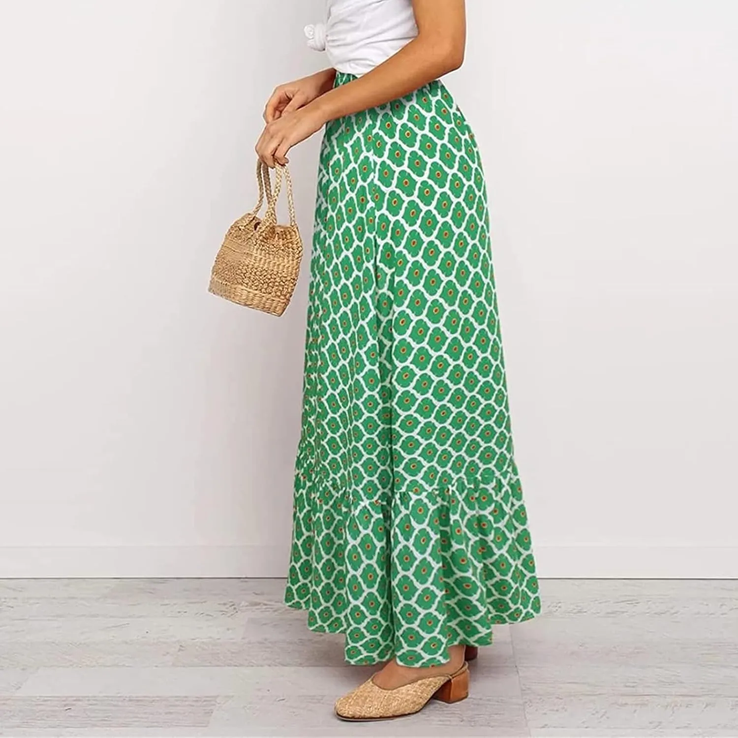 Womens Floral Print Boho Maxi Skirt High Elastic Waist Pleated Flowy Swing A-Line Maxi Skirts Summer Beach Flowy Skirts