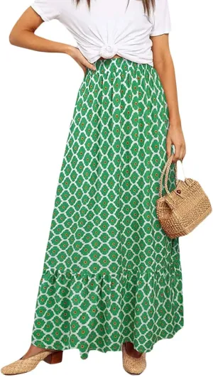 Womens Floral Print Boho Maxi Skirt High Elastic Waist Pleated Flowy Swing A-Line Maxi Skirts Summer Beach Flowy Skirts