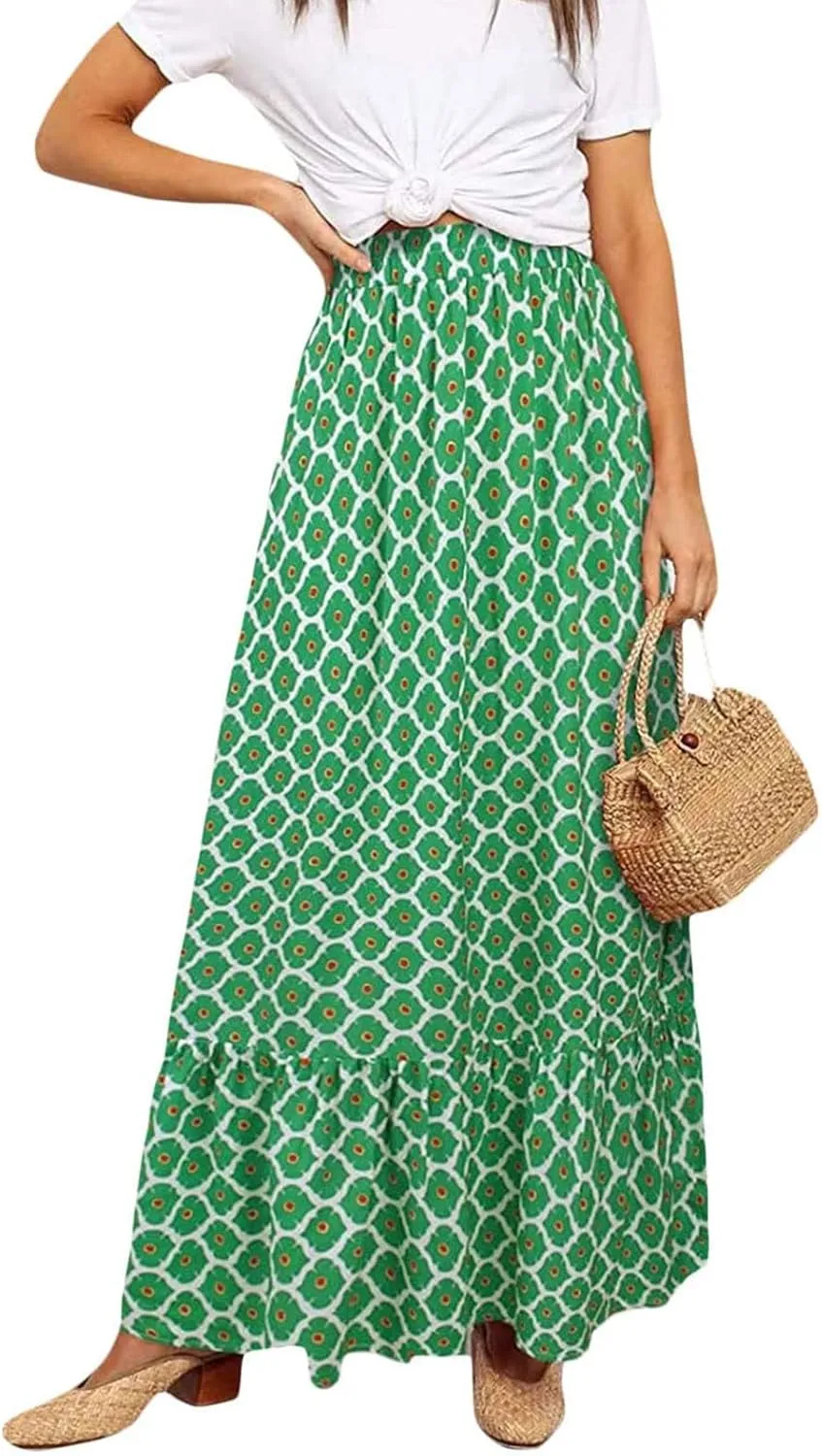 Womens Floral Print Boho Maxi Skirt High Elastic Waist Pleated Flowy Swing A-Line Maxi Skirts Summer Beach Flowy Skirts