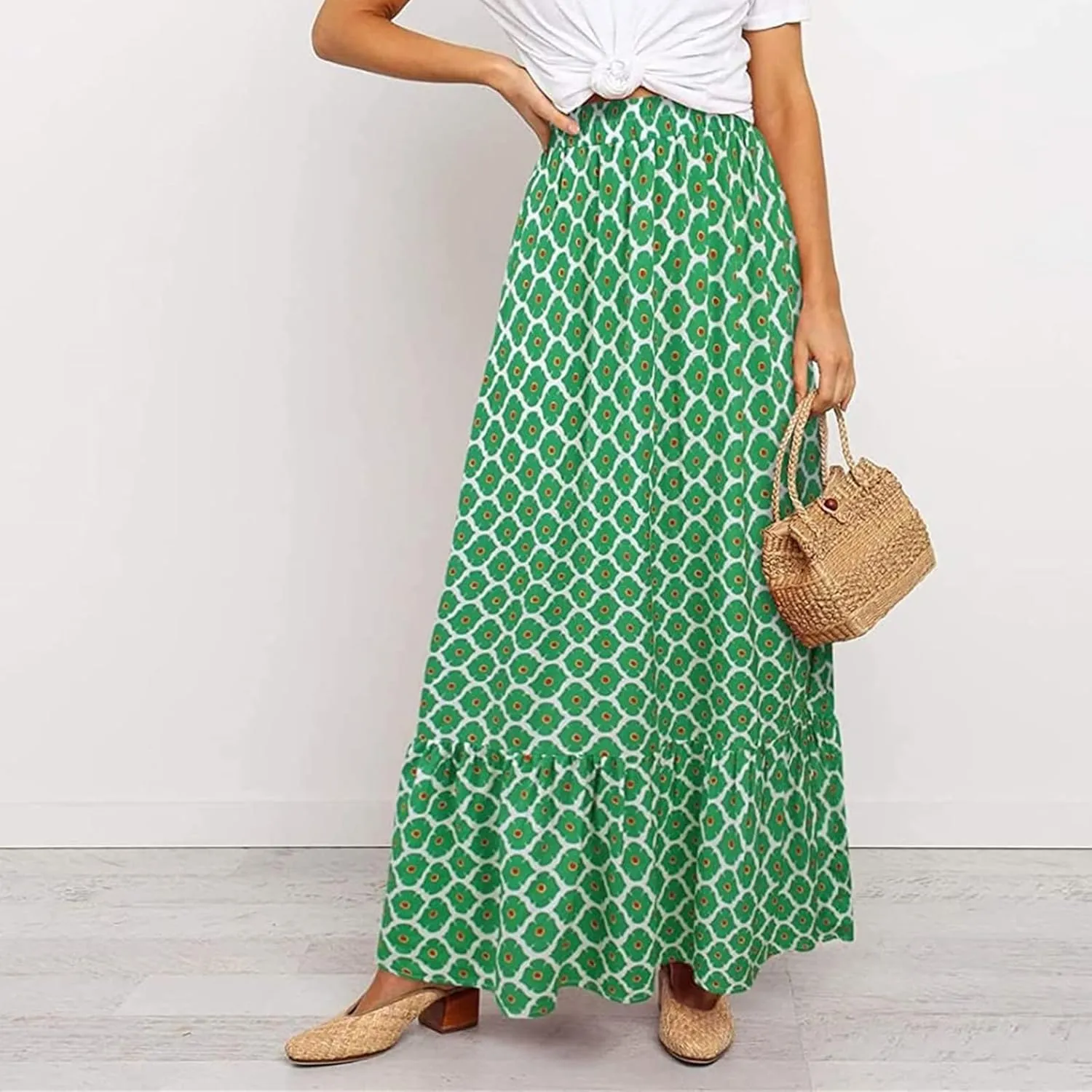 Womens Floral Print Boho Maxi Skirt High Elastic Waist Pleated Flowy Swing A-Line Maxi Skirts Summer Beach Flowy Skirts